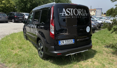 Parte posteriore di furgone nero personalizzata con logo e scritte aziendali